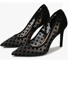 Zszszsu Black Polka Dots Mesh Pumps Sexy Pointed Toe High Heels Slip On Shoes